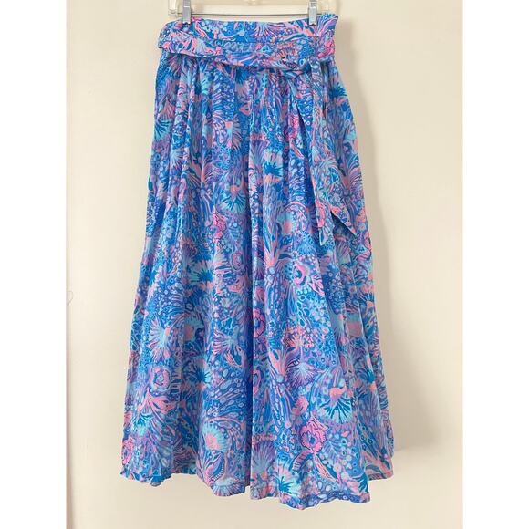 Talbots Cotton Voile Maxi Skirt Flowing Floral Blue Pink Tropical Pockets Tie 10 - Picture 2 of 5